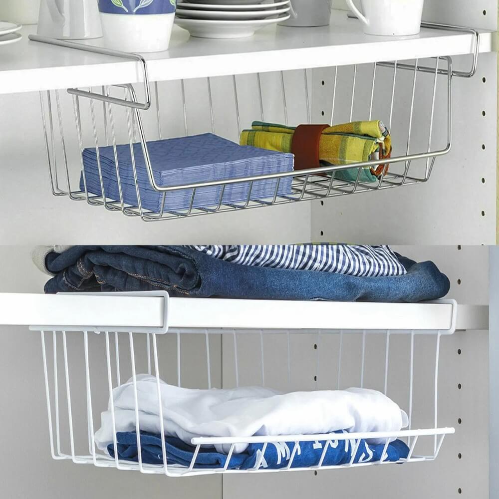 Panier de Rangement Suspendu Sous Étagère – Gagnez de l’espace instantanément sans perçage (Organisateur de Placard) - Image 3