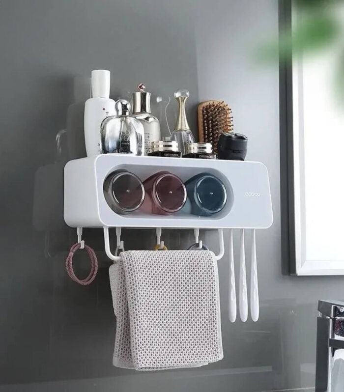 coco – Porte brosse à dents mural avec distributeur automatique de dentifrice & gobelets magnétiques inversés