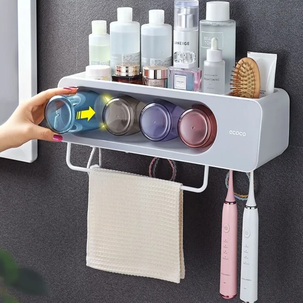 coco – Porte brosse à dents mural avec distributeur automatique de dentifrice & gobelets magnétiques inversés