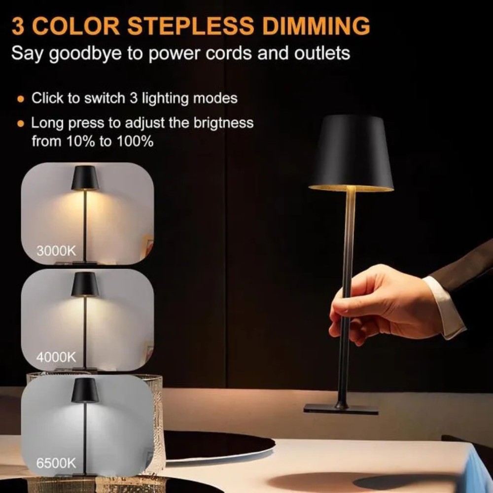 Lampe de Table LED Sans Fil Portable Rechargeable - 3 Couleurs & Intensité Réglable Tactile - Design Métal Moderne pour Restaurant, Chambre, Bar, Camping & Extérieur - Image 3