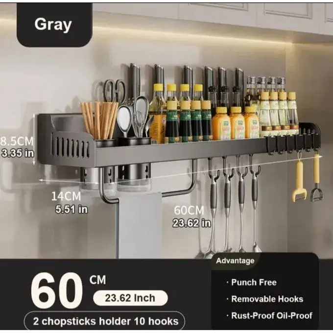 Étagère murale organisatrice de cuisine en acier inoxydable - Sans perçage