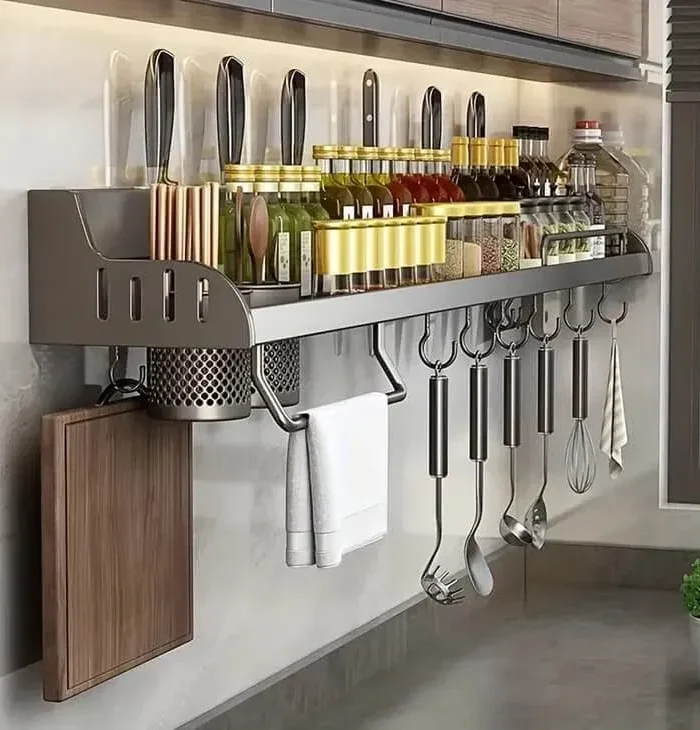 Étagère murale organisatrice de cuisine en acier inoxydable - Sans perçage