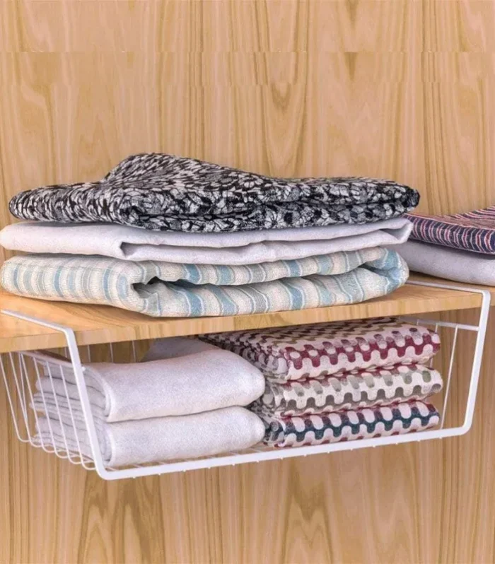 Panier de Rangement Suspendu Sous Étagère – Gagnez de l’espace instantanément sans perçage (Organisateur de Placard)